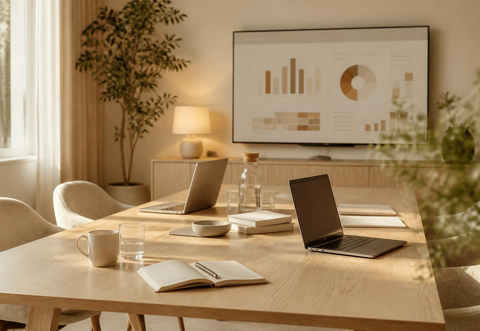 Warme werkruimte van Synthe Solutions met overlegtafel en dashboards
